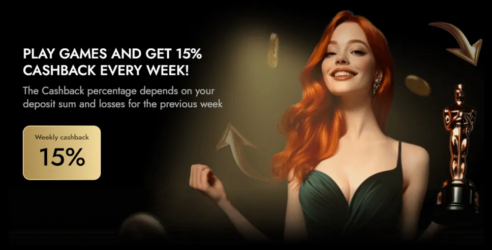 Bannière promotionnelle de cashback hebdomadaire de 15 % avec la statue d'Oscar
